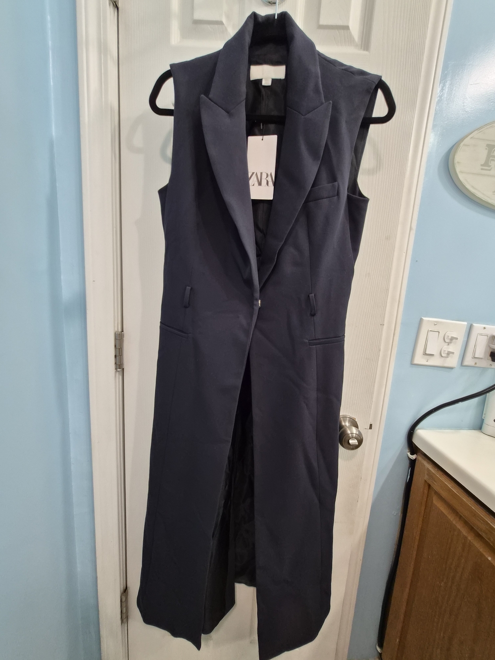 Zara Navy Sleeveless Long Blazer Vest